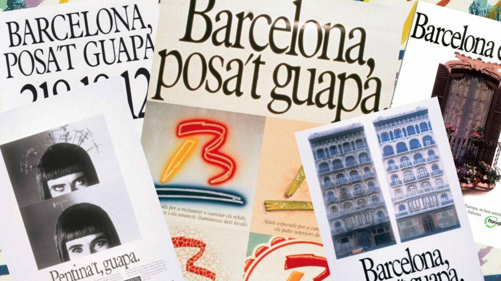 Mosaico de carteles y anuncios históricos de la campaña de comunicación urbana Barcelona posat guapa sobre rehabilitación arquitectónica y orgullo local. Collage of historic posters and ads from the Barcelona posat guapa urban communication strategy on building renovation and local pride.