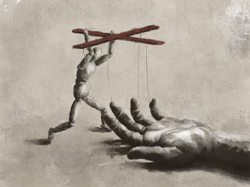 Screenshot Ilustración de una persona que mueve con hilos una mano gigante, como metáfora de relaciones interdependientes