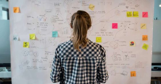 plan de comunicacion Person reviewing a communication strategy and project ideas on a whiteboard