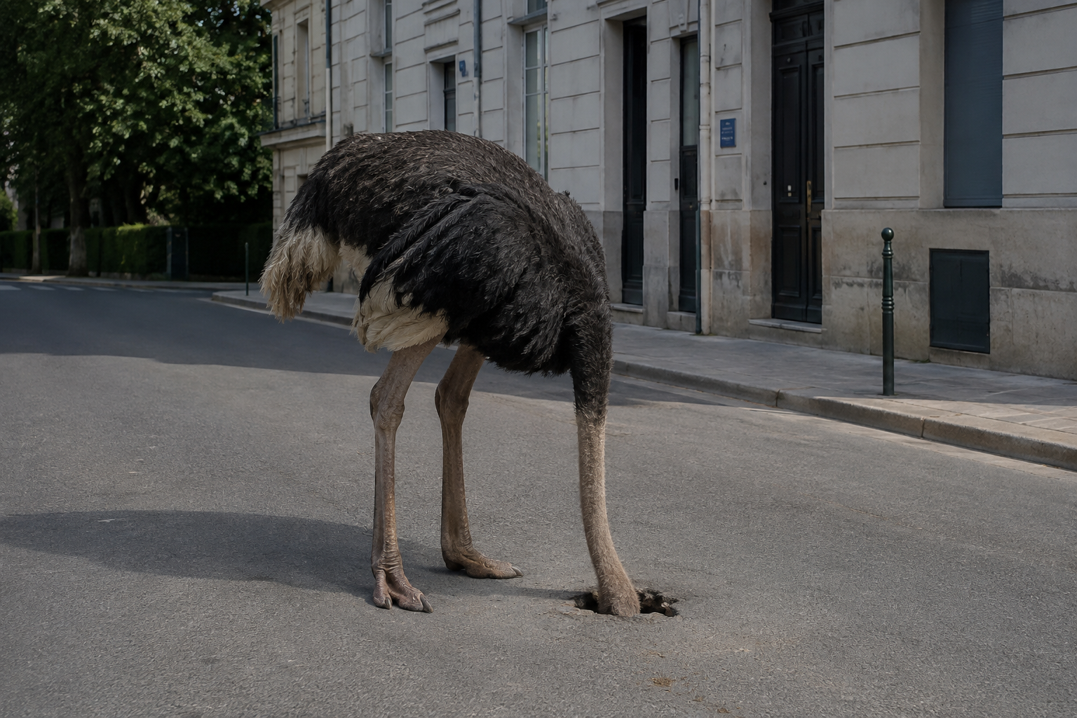 Fotografía conceptual de un avestruz con la cabeza enterrada en un bache de una calle urbana, ilustrando el sesgo cognitivo y la negación en la estrategia de comunicación ante crisis de comunicación urbana. Conceptual photography of an ostrich with its head buried in a pothole on an urban street, illustrating cognitive bias and denial in communication strategy during public communication crises
