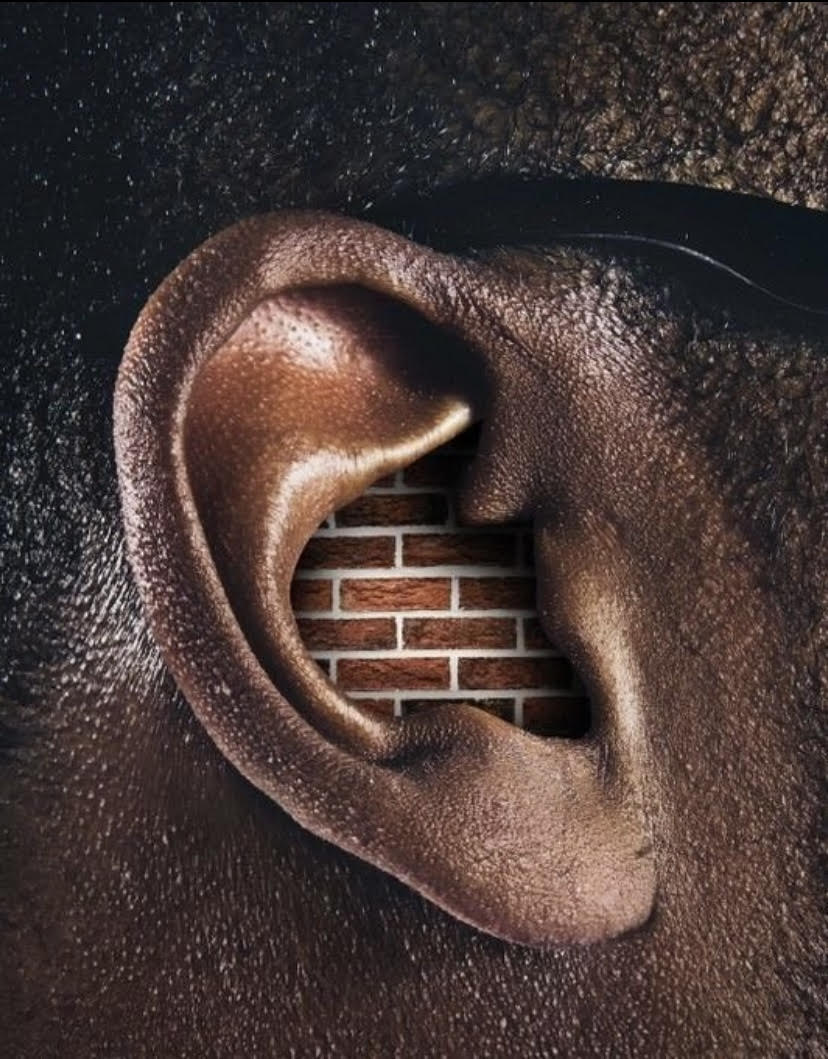 Fotografía conceptual en primer plano de una oreja humana con el conducto auditivo bloqueado por un muro de ladrillos, simbolizando las barreras de comunicación, la resistencia al cambio y la falta de escucha activa en proyectos urbanos. Conceptual close-up photograph of a human ear with its canal blocked by a brick wall, symbolizing communication barriers, resistance to change, and lack of active listening in urban projects.